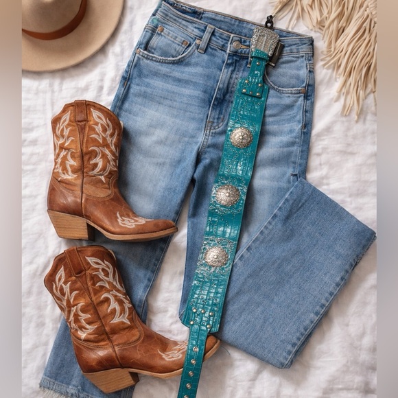 Lucky & Blessed Denim - Lucky & Blessed Turquoise Western Belt Leather Studded Concho Size Small Cowgirl
